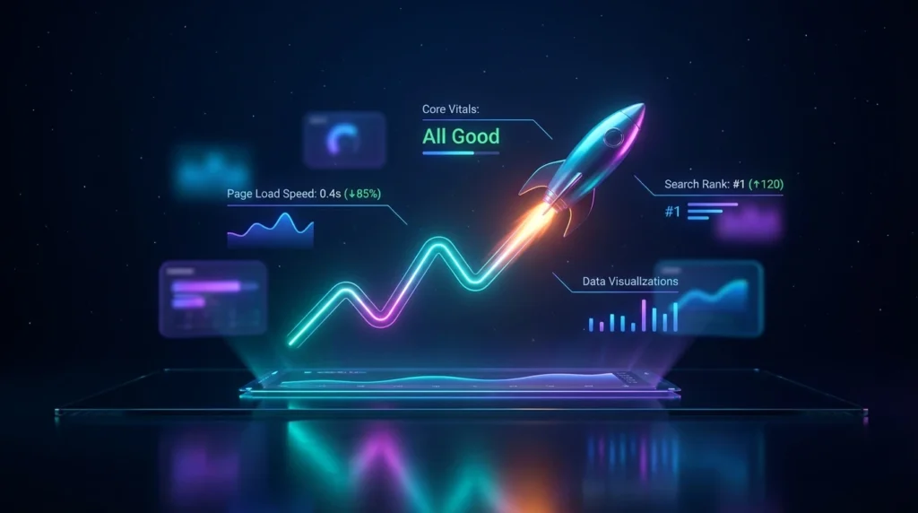 صورة توضيحية لعملية تحسين سرعة الموقع وأهميتها في رفع ترتيبه بمحركات البحث، مع التركيز على تجربة المستخدم الجيدة.