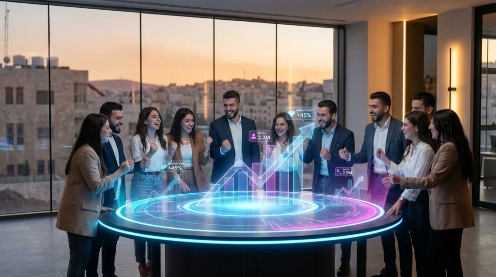 تُظهر الصورة نجاح حملة Boom Media التسويقية في الأردن، مع التركيز على النتائج المحققة. هذا يمثل نموذجًا لحملات تسويقية ناجحة الأردن ويبرز كفاءة الوكالة.