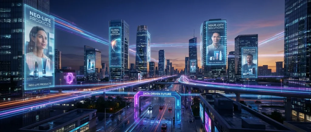 صورة توضيحية لمستقبل الإعلانات في عصر البيانات الضخمة، مع رسوم بيانية ترمز لتحليل البيانات وتأثيرها على حملات التسويق الرقمي الموجهة.