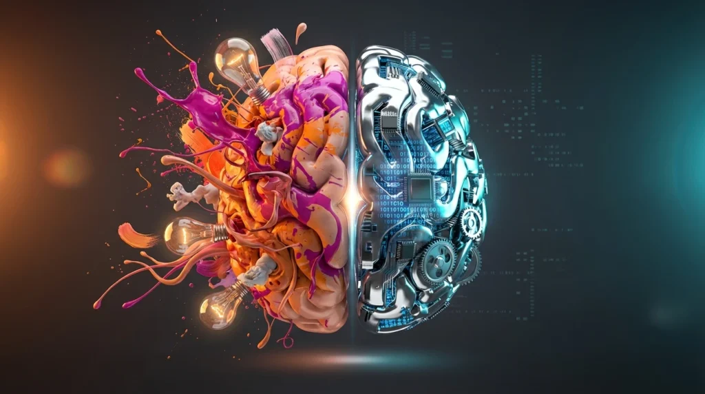 رسم يوضح التوازن بين الإبداع والتكنولوجيا في التسويق، يمزج بين الأفكار المبتكرة والأدوات التقنية لتحقيق حملات رقمية فعالة.