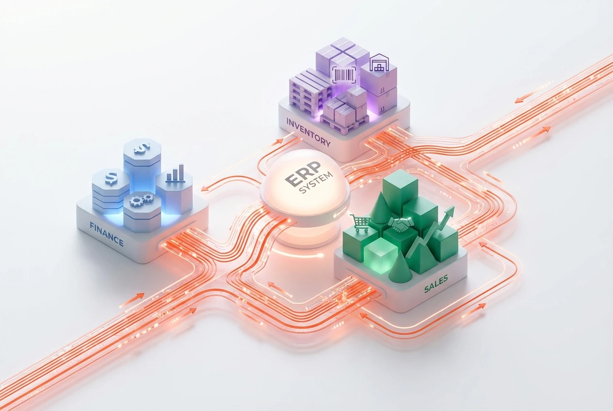 Illustration showing the interconnection of company departments through Boom Media’s integrated ERP system