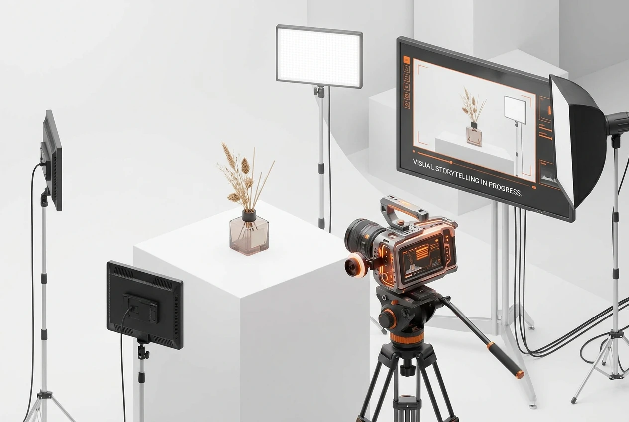 فريق BOOM MEDIA يقوم بتصوير فيديو احترافي لأحد العملاء في استوديو مجهز بالكامل