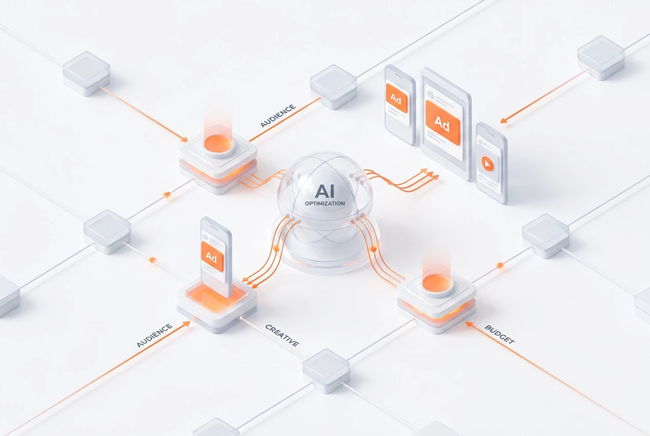 شاشة تعرض لوحة تحكم حملات Advantage+ على منصة إعلانات ميتا، مع رسوم بيانية تظهر نمو الأداء.